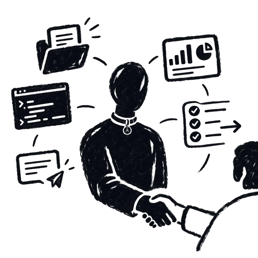 An AI agent wearing a collar shakes hands with a person, surrounded by the tools it works with: files, code, charts, a checklist and messages.